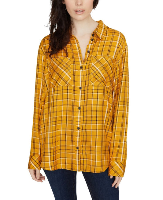 Sanctuary Women's New Generation Plaid Boyfriend Blouse Yellow Size Medium