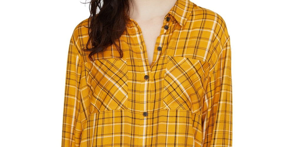 Sanctuary Women's New Generation Plaid Boyfriend Blouse Yellow Size Medium