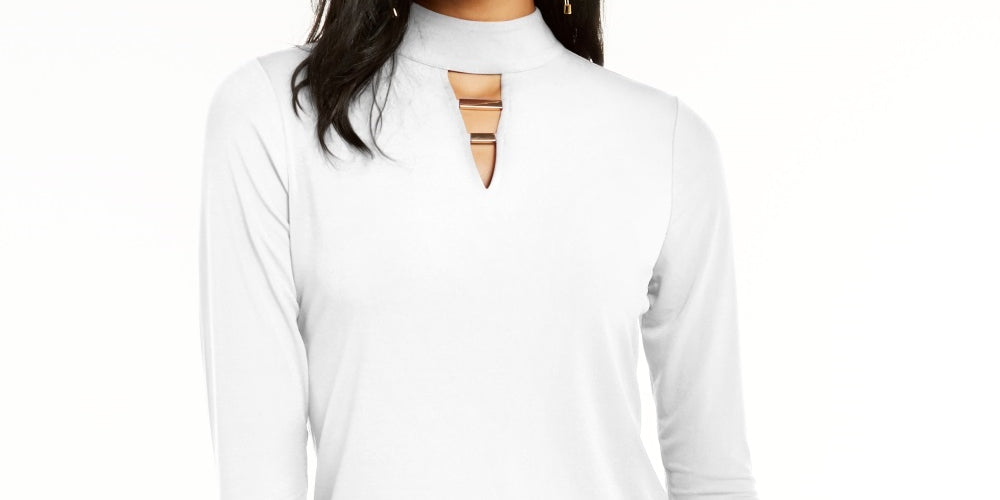 Thalia Sodi Women's Hardware Trim Mock Neck Top White Size Large