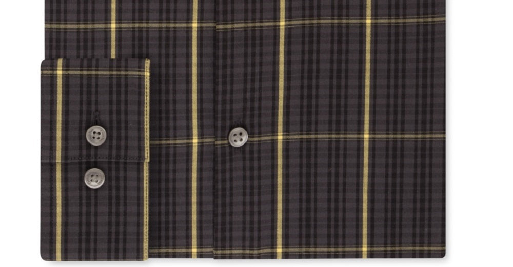 Calvin Klein Men's Gray Windowpane Plaid Collared Slim Fit Dress Shirt Yellow Size 17.5- 32/33