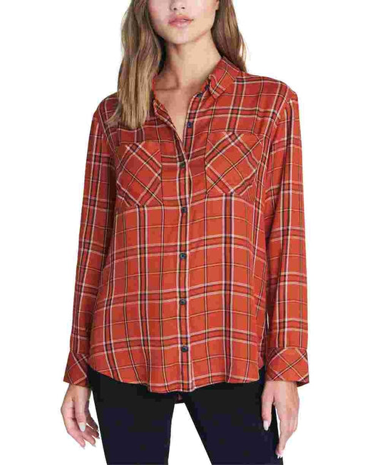 Sanctuary Women's New Generation Plaid Boyfriend Blouse Orange Size Small