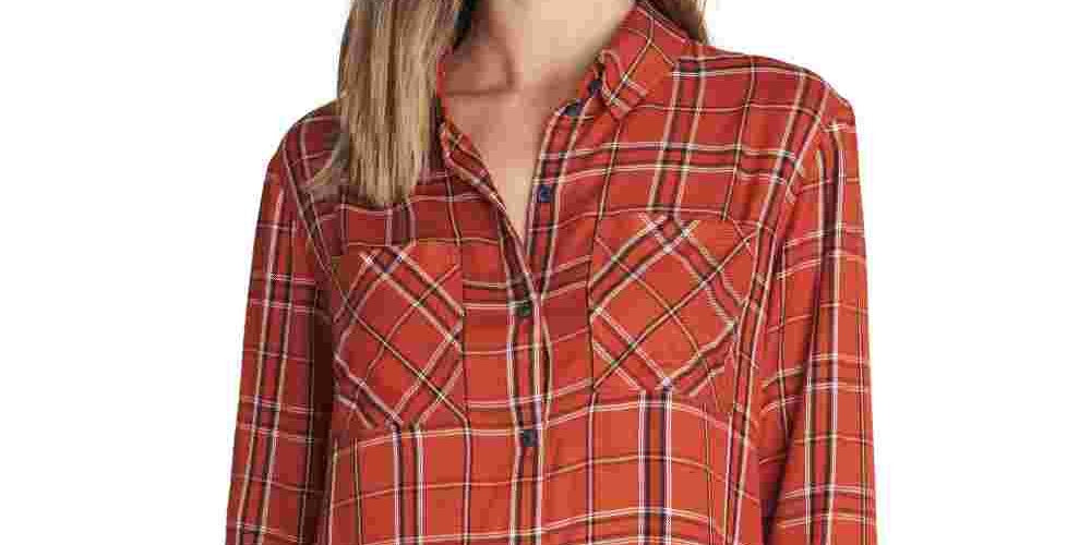 Sanctuary Women's New Generation Plaid Boyfriend Blouse Orange Size Small