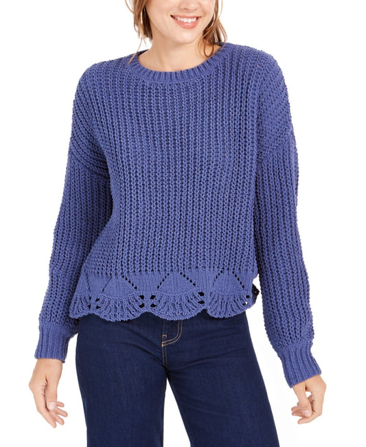 Wynter Women's Pointelle Hem Chenille Sweater Blue Size Small