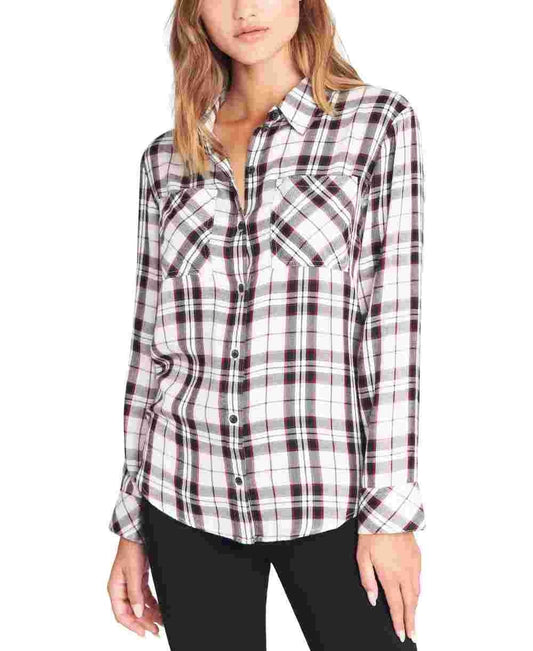 Sanctuary Women's Plaid Long Sleeve Collared Button Up Top White Multi  Size X-Small