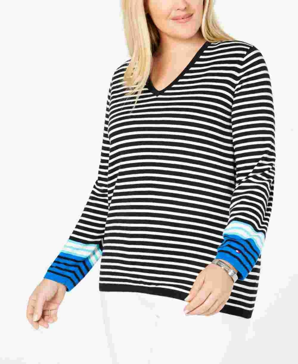 Tommy Hilfiger Women's Cotton Striped V-Neck Sweater Blue Size 0X