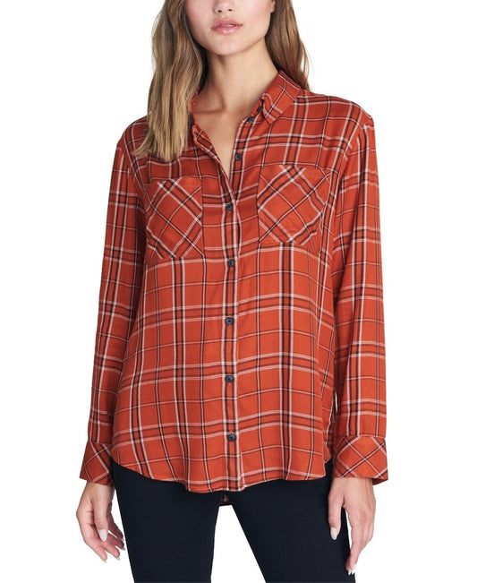 Sanctuary Women's Plaid Long Sleeve Collared Button Up Top Orange Size Medium