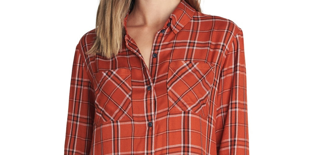 Sanctuary Women's Plaid Long Sleeve Collared Button Up Top Orange Size Medium