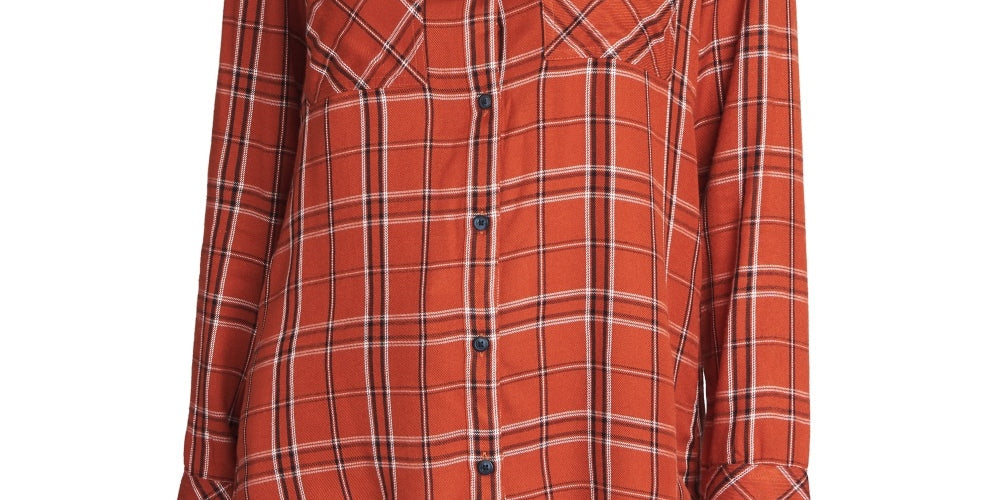 Sanctuary Women's Plaid Long Sleeve Collared Button Up Top Orange Size Medium