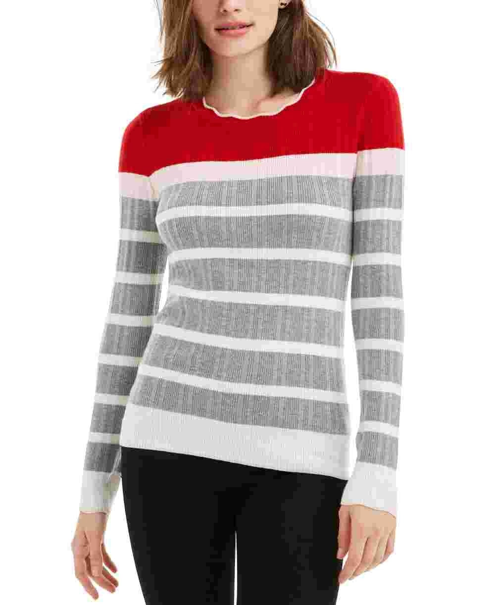 Maison Jules Women's Gray Striped Long Sleeve Jewel Neck Sweater Red Size X-Large