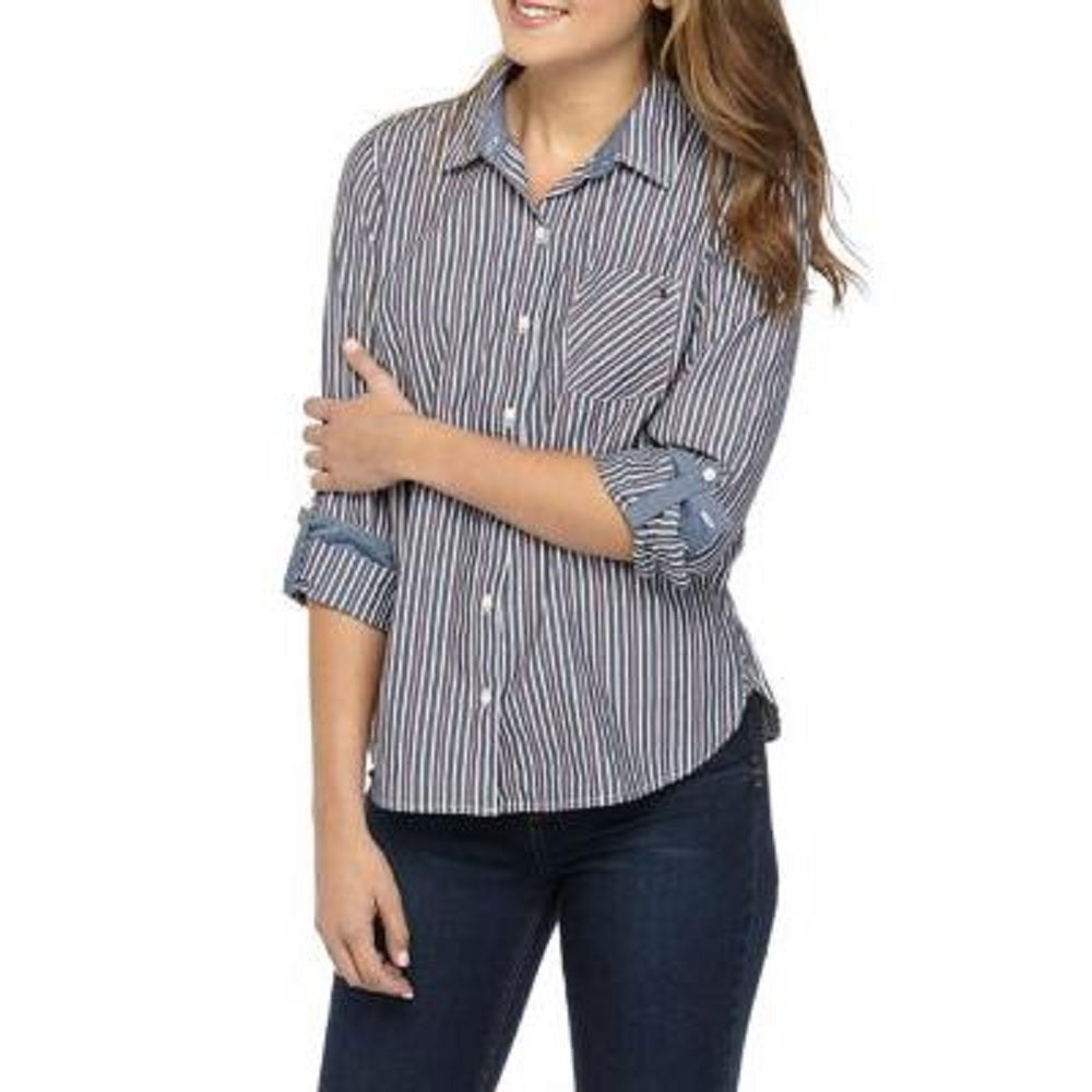 Tommy Hilfiger Women's Blue Pocketed Striped Long Sleeve Button Up Wear To Work Top All Blue Size Small