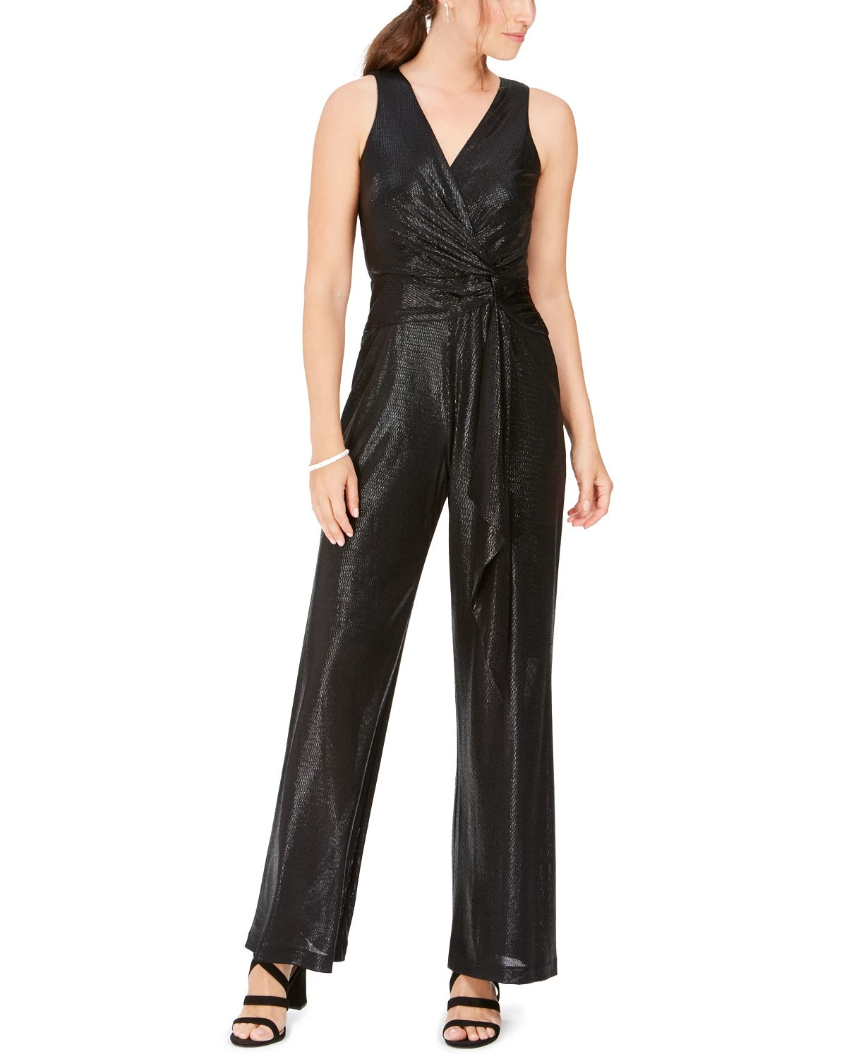 Taylor Women's Textured Shimmering Sleeveless V Neck Evening Jumpsuit Black Size 14