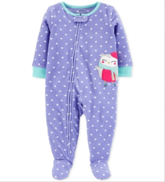 Carter's Girl's Print Polka Dot Owl Fleece Footie Purple Size 12MOS