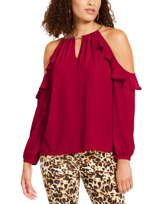 Thalia Sodi Women's Ruffled Cold-Shoulder Top   Red Size Medium