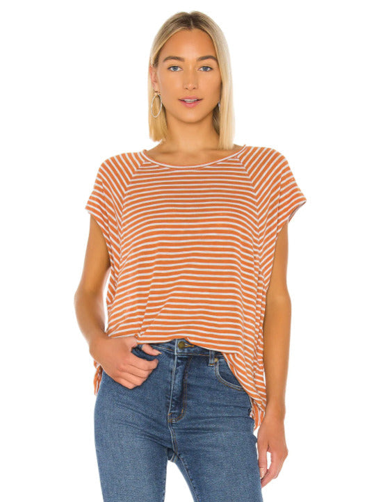 Free People Women's Striped Halo Tee Polyester Cotton Shirt Brown Size Medium - Ruumur