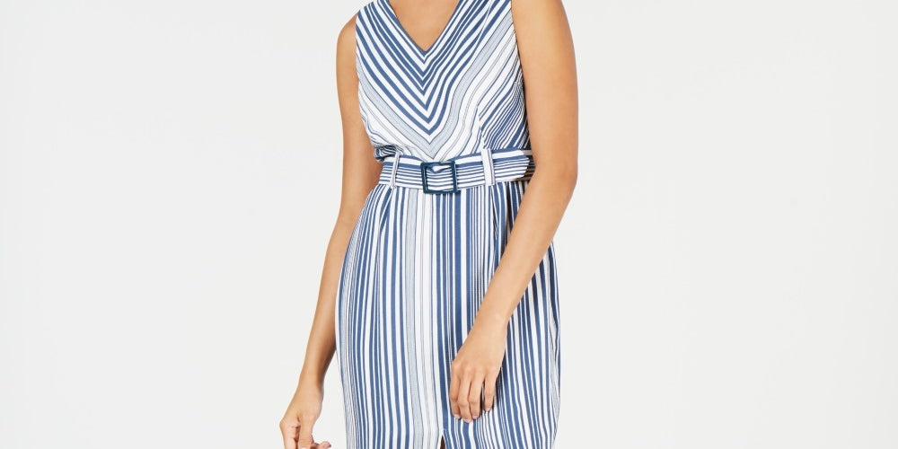 Monteau Women's Belted Striped A Line Dress Blue Size Petite Large