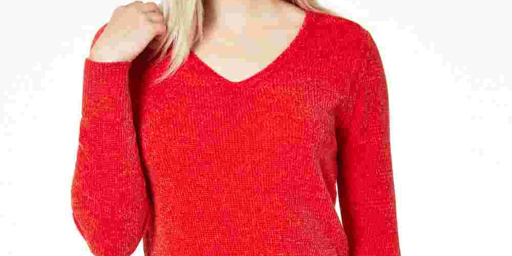 Maison Jules Women's Long Sleeve V Neck Hoodie Sweater Red Size Small