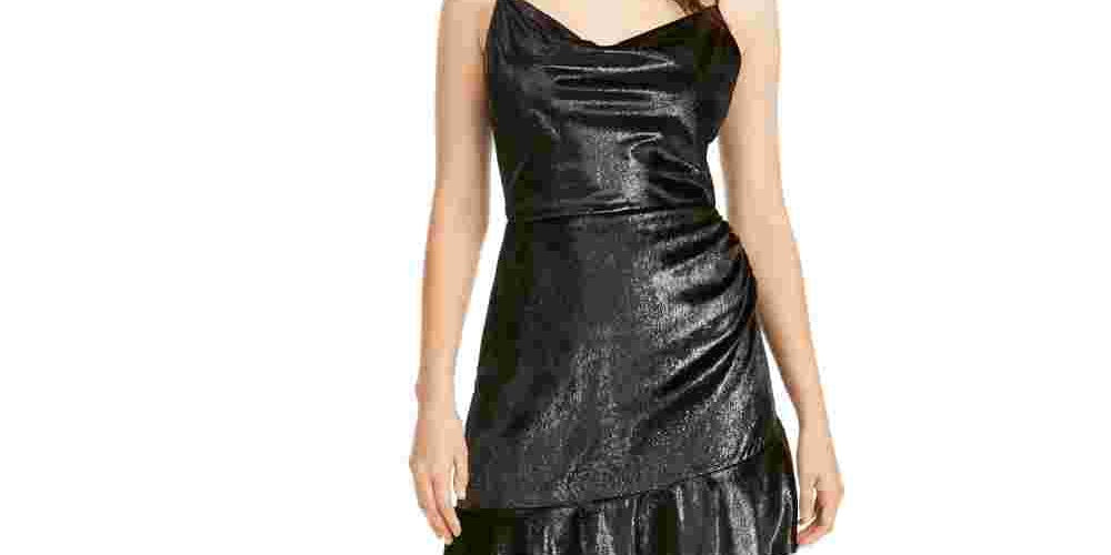 Leyden Women's Ruffled Spaghetti Strap Cowl Neck Short Sheath Party Dress Black Size Medium