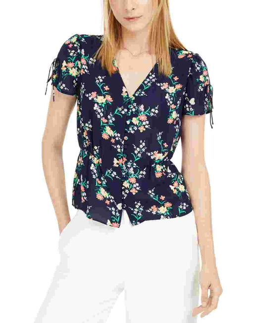 Maison Jules Women's Tie Floral Short Sleeve V Neck Button Up Top Blue Size X-Small