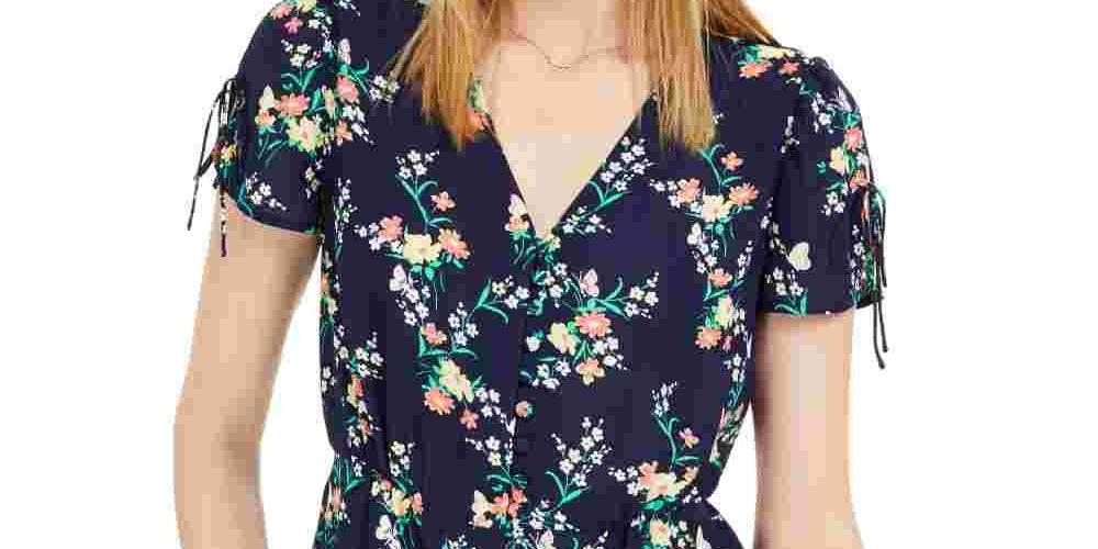 Maison Jules Women's Tie Floral Short Sleeve V Neck Button Up Top Blue Size X-Small