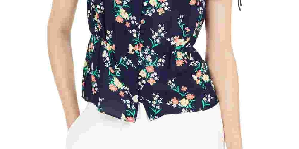 Maison Jules Women's Tie Floral Short Sleeve V Neck Button Up Top Blue Size X-Small