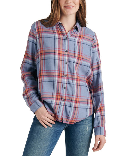 Lucky Brand Women's Classic Plaid Contrast Button-Up Shirt Blue Size X-Large