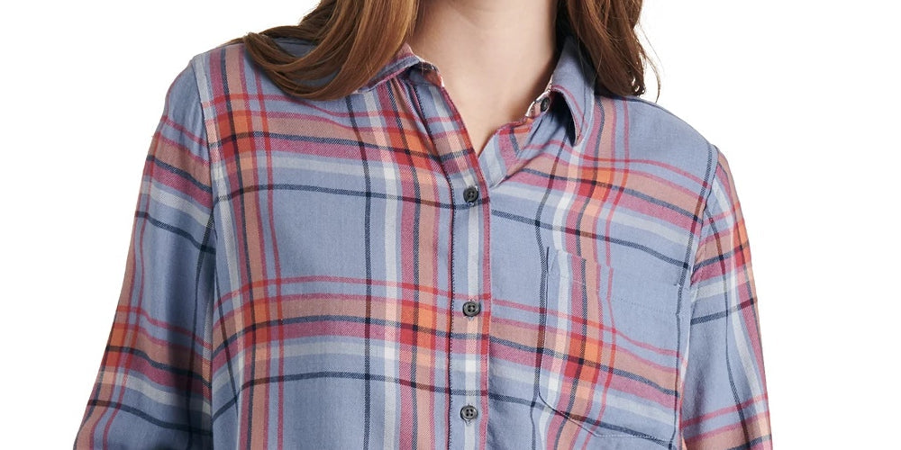 Lucky Brand Women's Classic Plaid Contrast Button-Up Shirt Blue Size X-Large