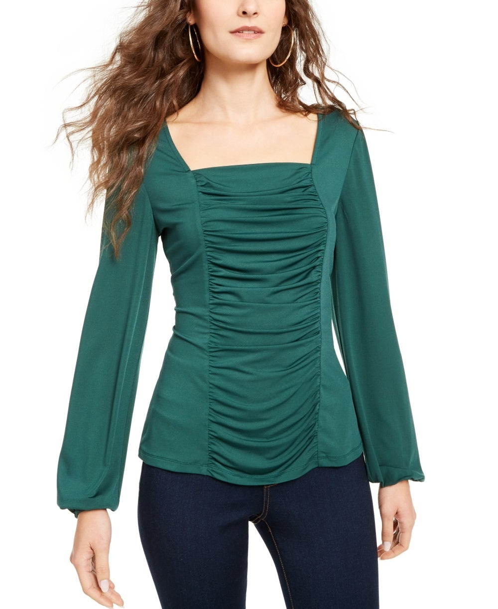 Thalia Sodi Women's Ruched Square Neck Top Green Size Medium