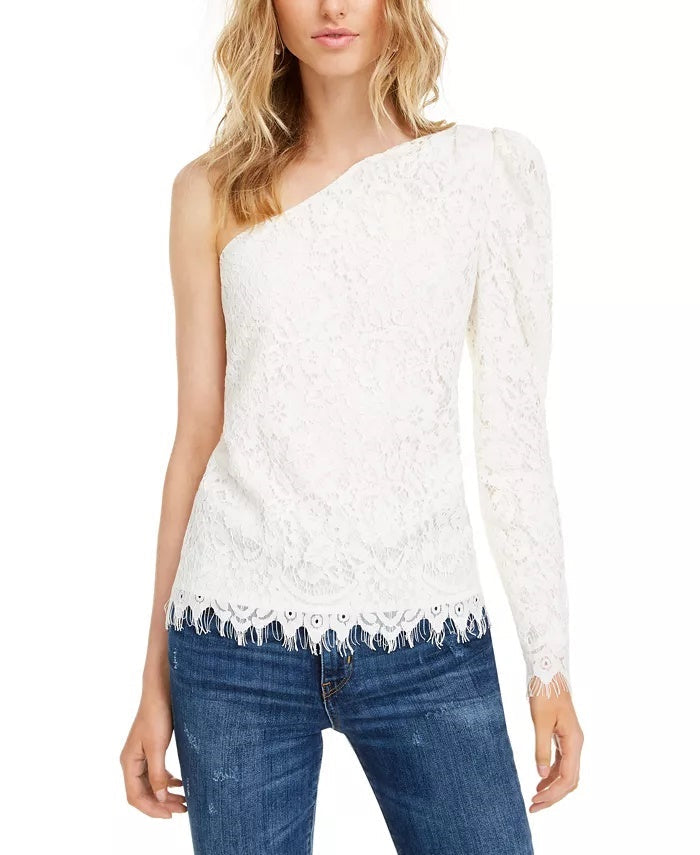 LEYDEN Women's Fringed Embroidered Long Sleeve Asymmetrical Neckline T-Shirt Party Top White Size Small