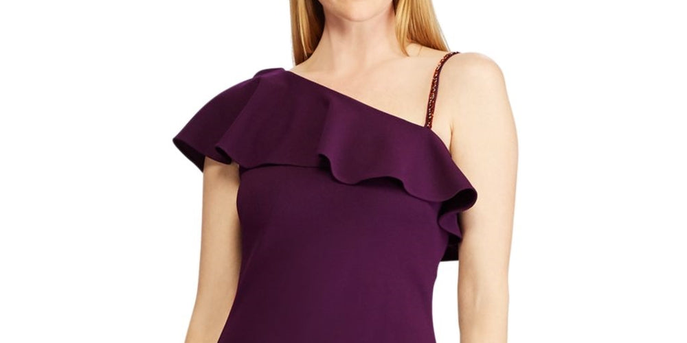 Ralph Lauren Women's Embellished Short Sleeve Asymmetrical Neckline Short Sheath Cocktail Dress Purple Size 10