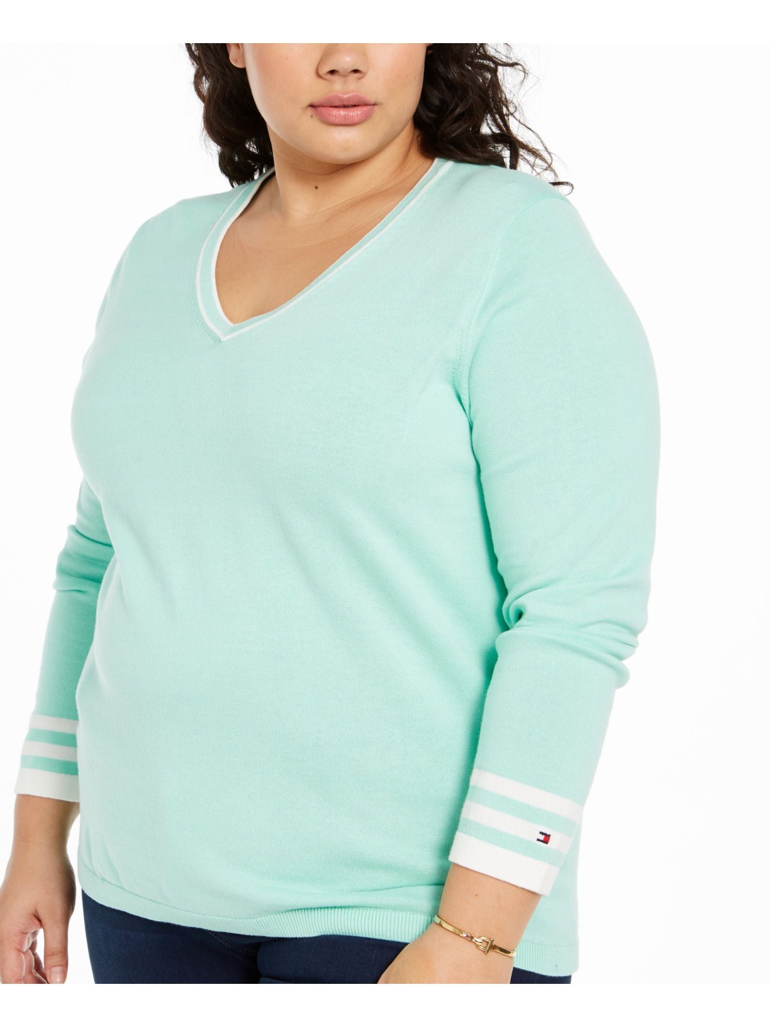 Tommy Hilfiger Women's Plus Cotton Striped V Neck Sweater Mint Size 0X