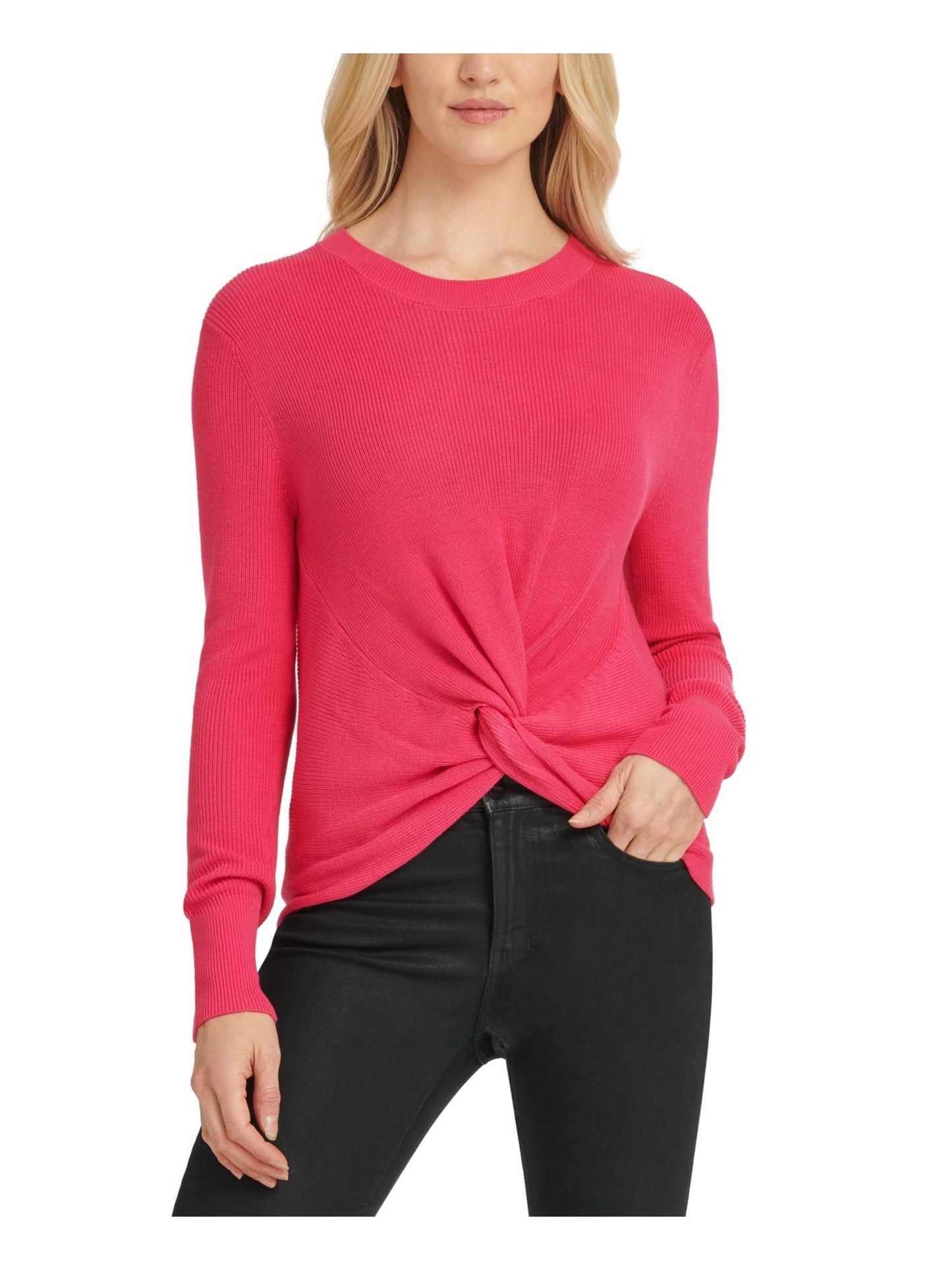 DKNY Women's Twist Front Long Sleeve Jewel Neck Sweater Pink Size X-Small