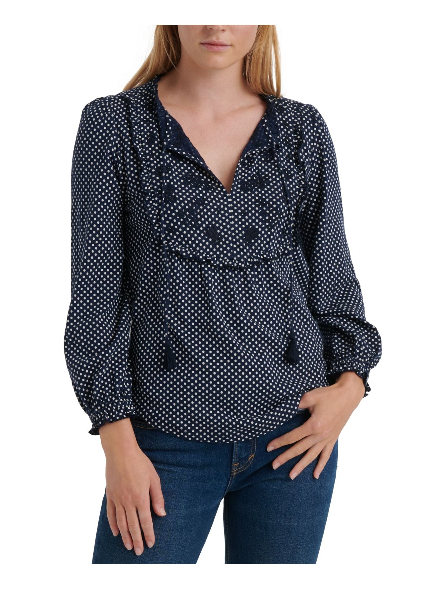 Lucky Brand Women's Embroidered Polka Dot Long Sleeve V Neck Top Blue Size S/P