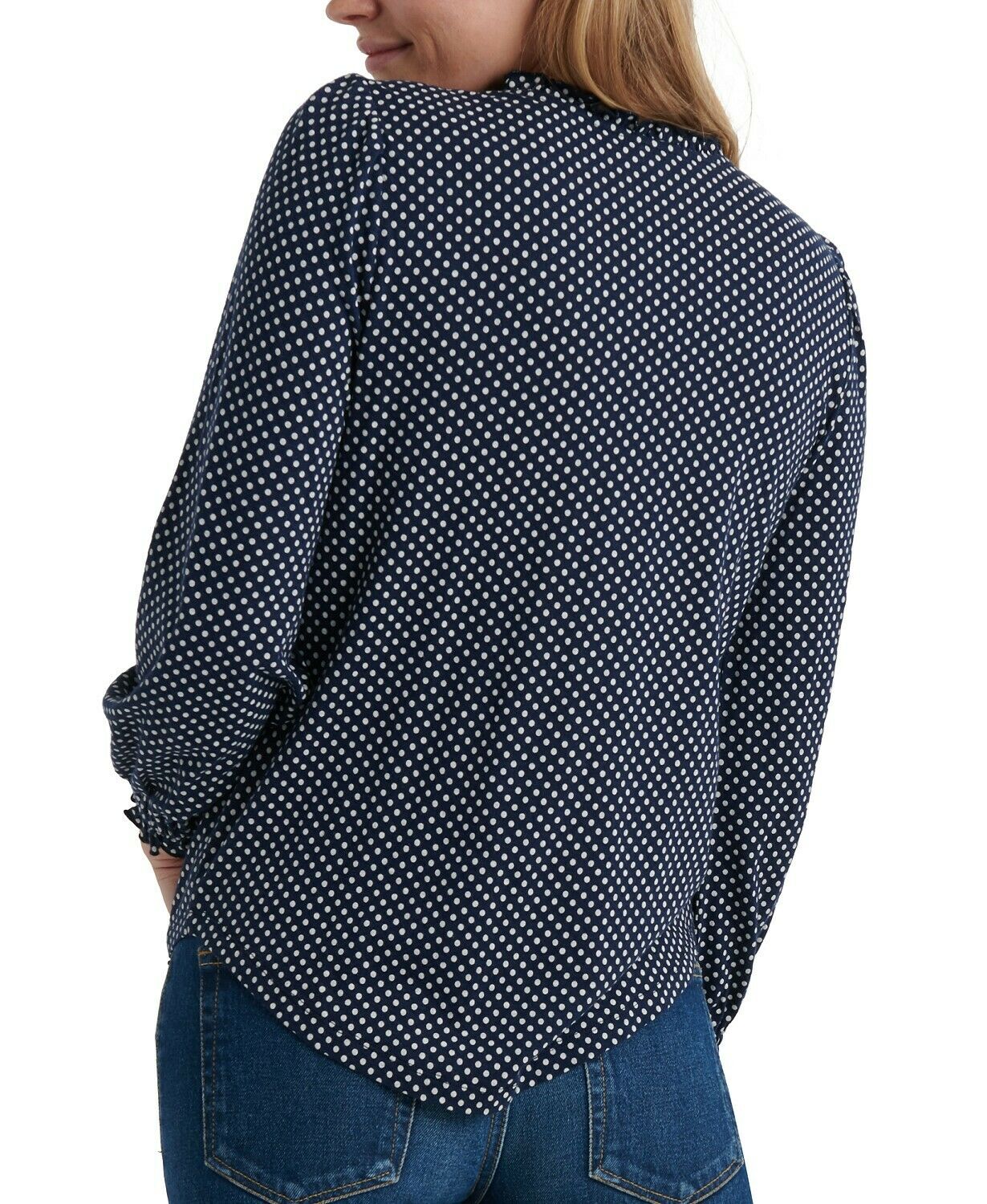 Lucky Brand Women's Embroidered Polka Dot Long Sleeve V Neck Top Blue Size S/P