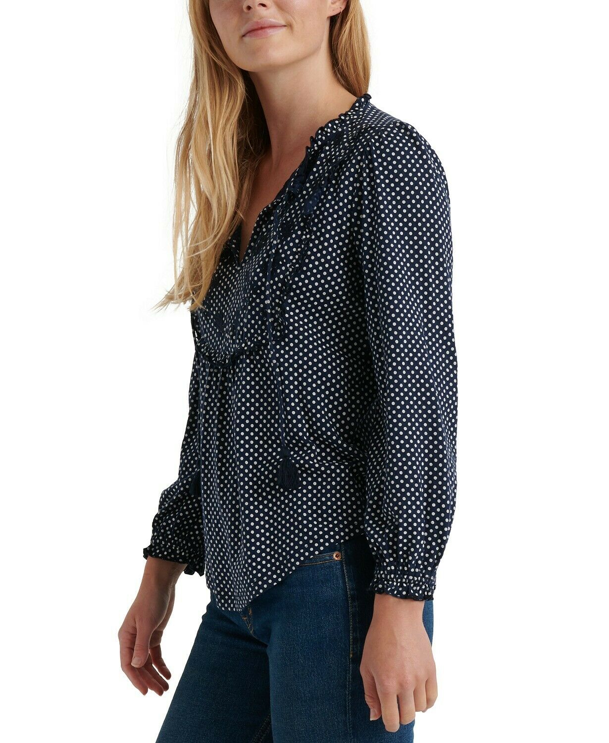 Lucky Brand Women's Embroidered Polka Dot Long Sleeve V Neck Top Blue Size S/P