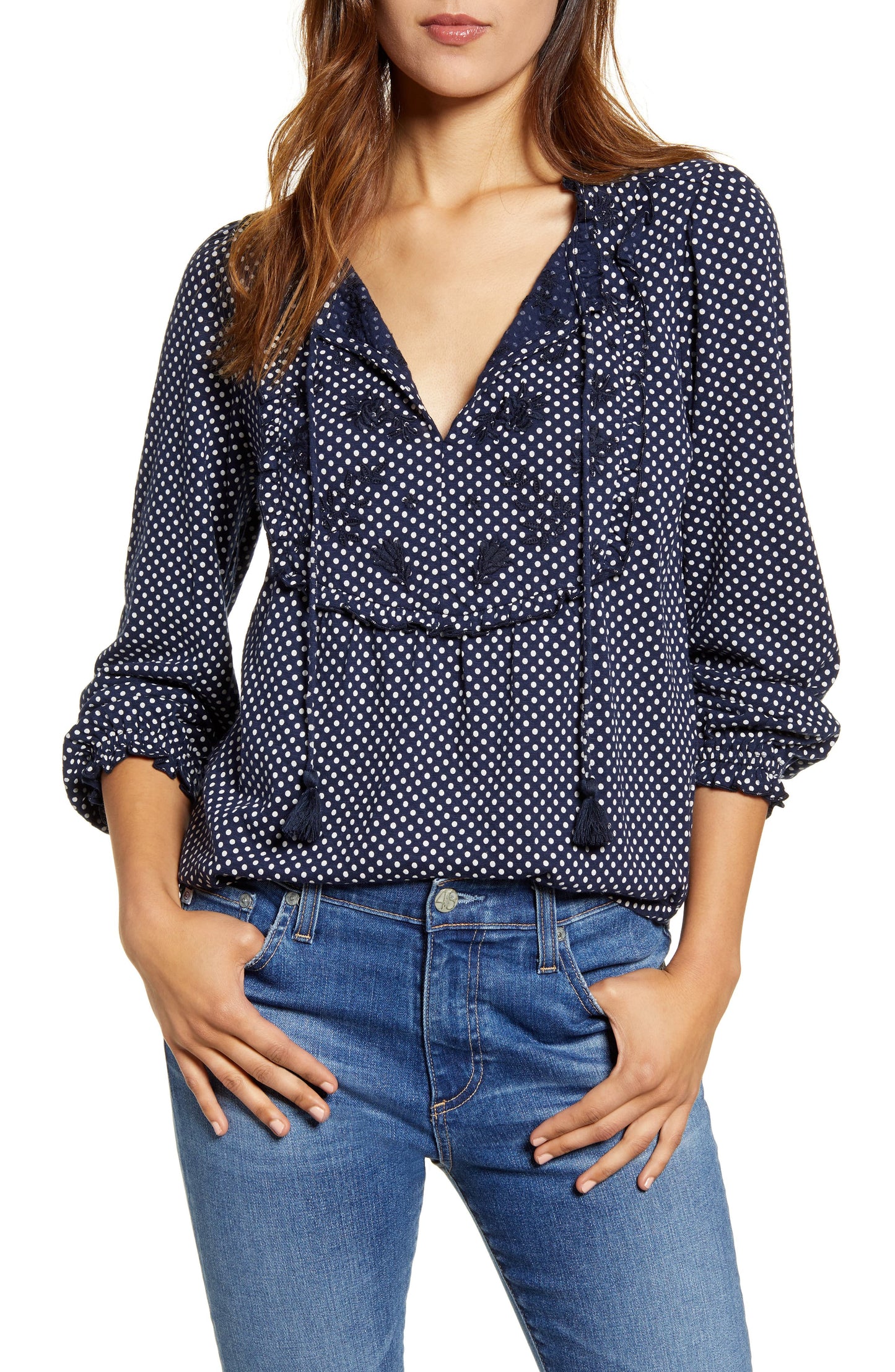 Lucky Brand Women's Embroidered Polka Dot Long Sleeve V Neck Top Blue Size S/P