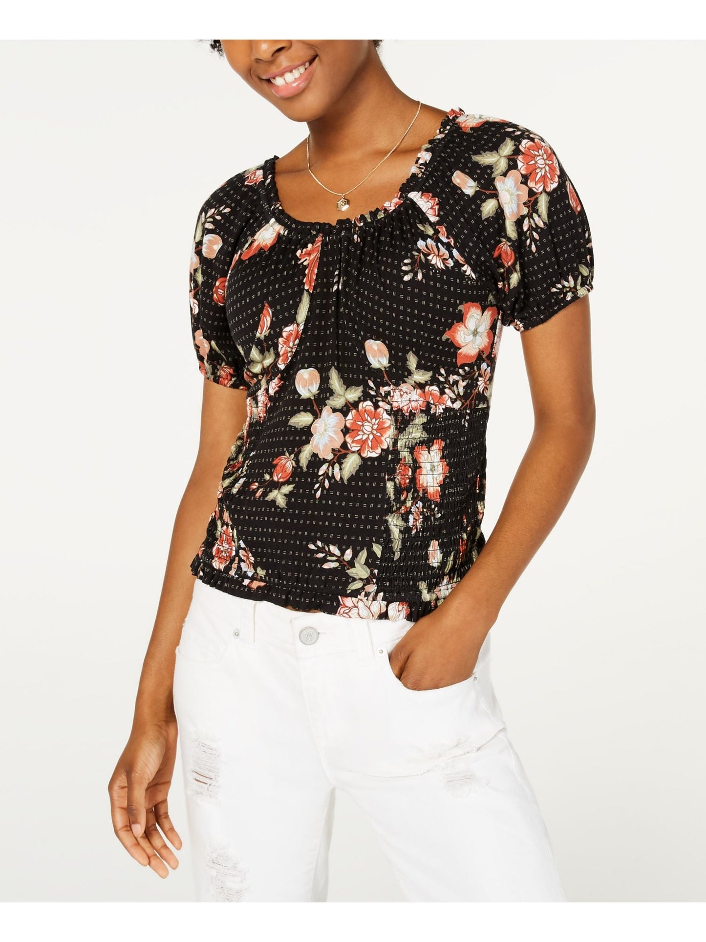 American Rag Women's Floral Pouf Jewel Neck Blouse Evening Top Black