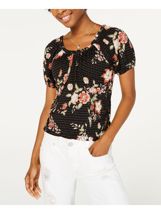 American Rag Women's Floral Pouf Jewel Neck Blouse Evening Top Black