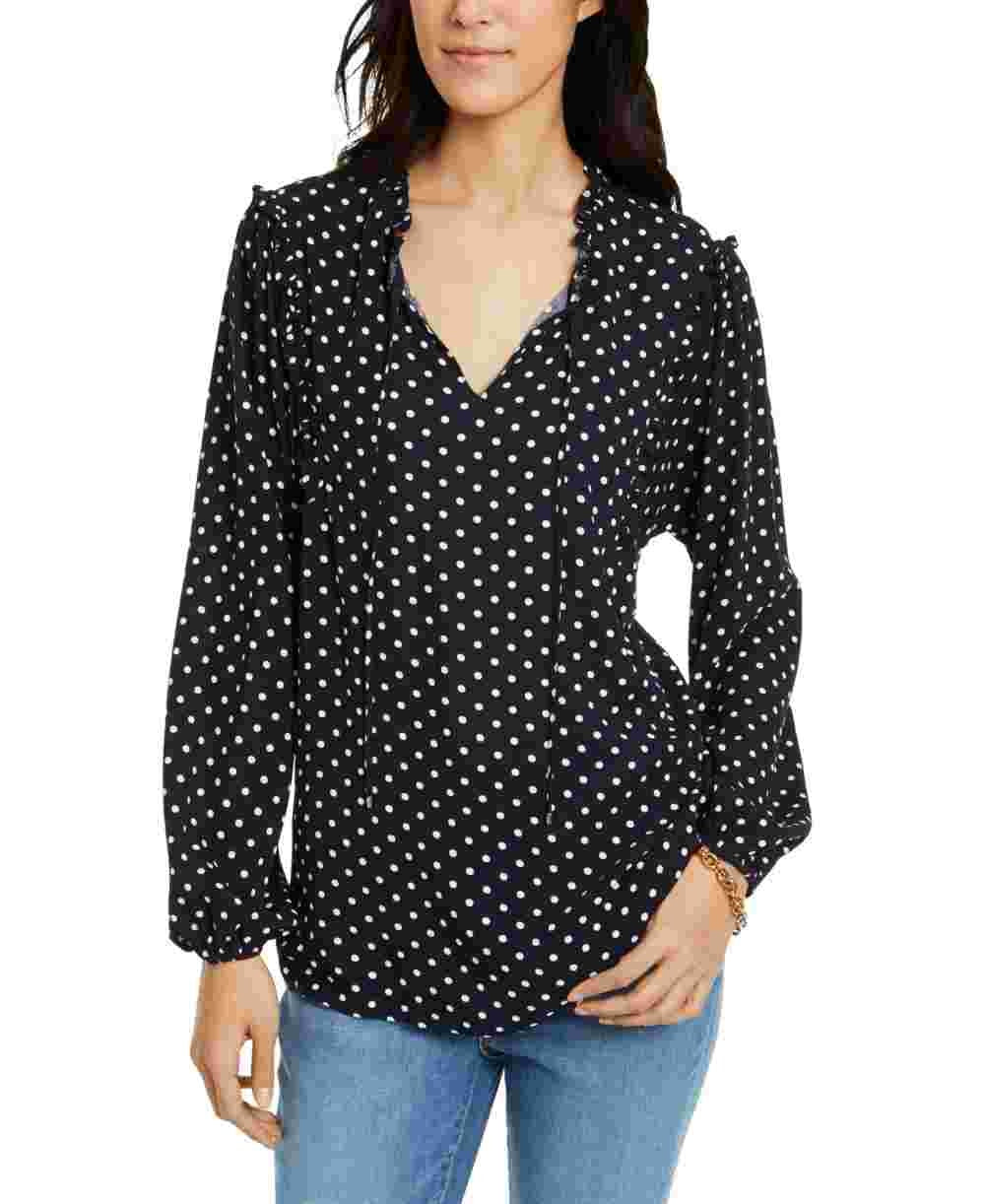 Tommy Hilfiger Women's Ruffled Polka Dot Long Sleeve V Neck Blouse Top Blue Size Large