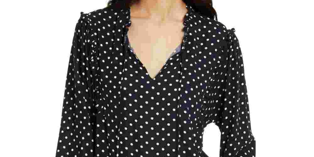 Tommy Hilfiger Women's Ruffled Polka Dot Long Sleeve V Neck Blouse Top Blue Size Large