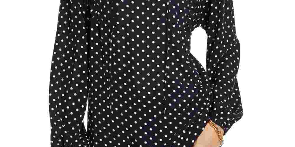 Tommy Hilfiger Women's Ruffled Polka Dot Long Sleeve V Neck Blouse Top Blue Size Large
