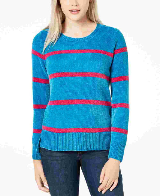 Maison Jules Women's Striped Chenille Sweater Blue Size Small