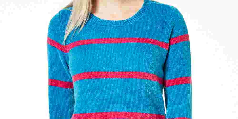 Maison Jules Women's Striped Chenille Sweater Blue Size Small