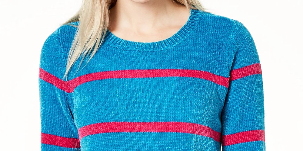 Maison Jules Women's Striped Long Sleeve Jewel Neck Sweater Blue Size X-Small