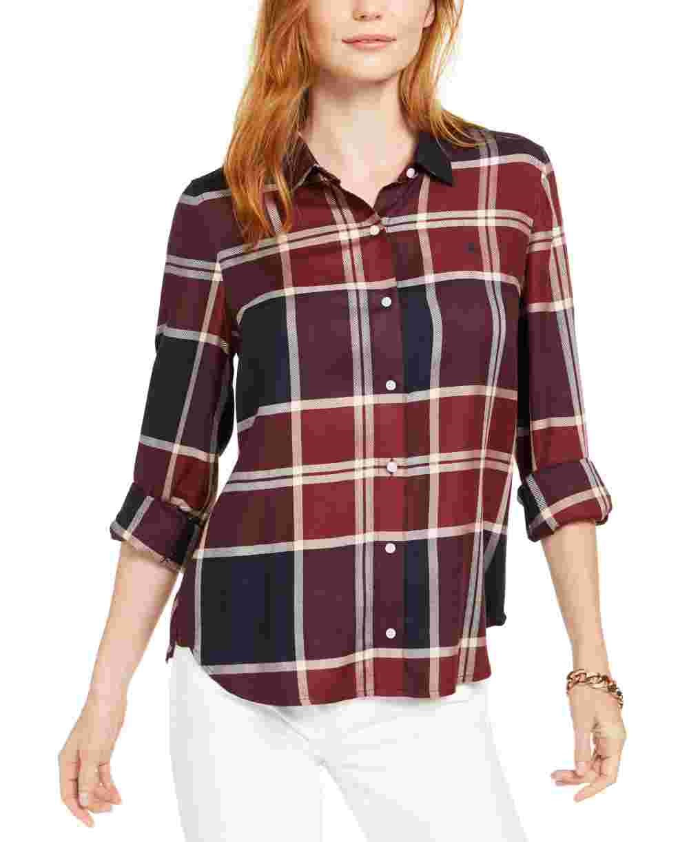 Tommy Hilfiger Women's Windowpane Plaid Roll Tab Shirt Red Size X-Small