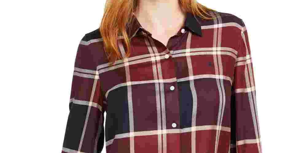 Tommy Hilfiger Women's Windowpane Plaid Roll Tab Shirt Red Size X-Small