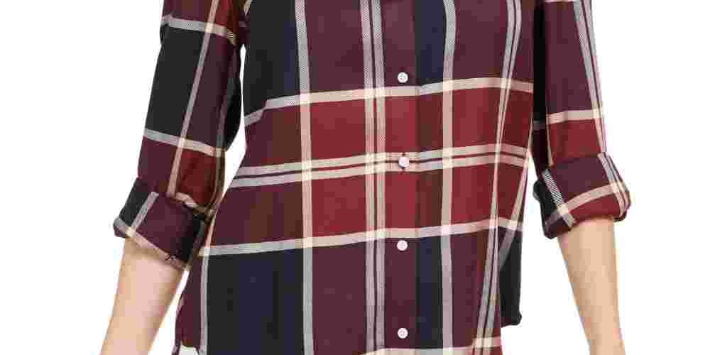 Tommy Hilfiger Women's Windowpane Plaid Roll Tab Shirt Red Size X-Small