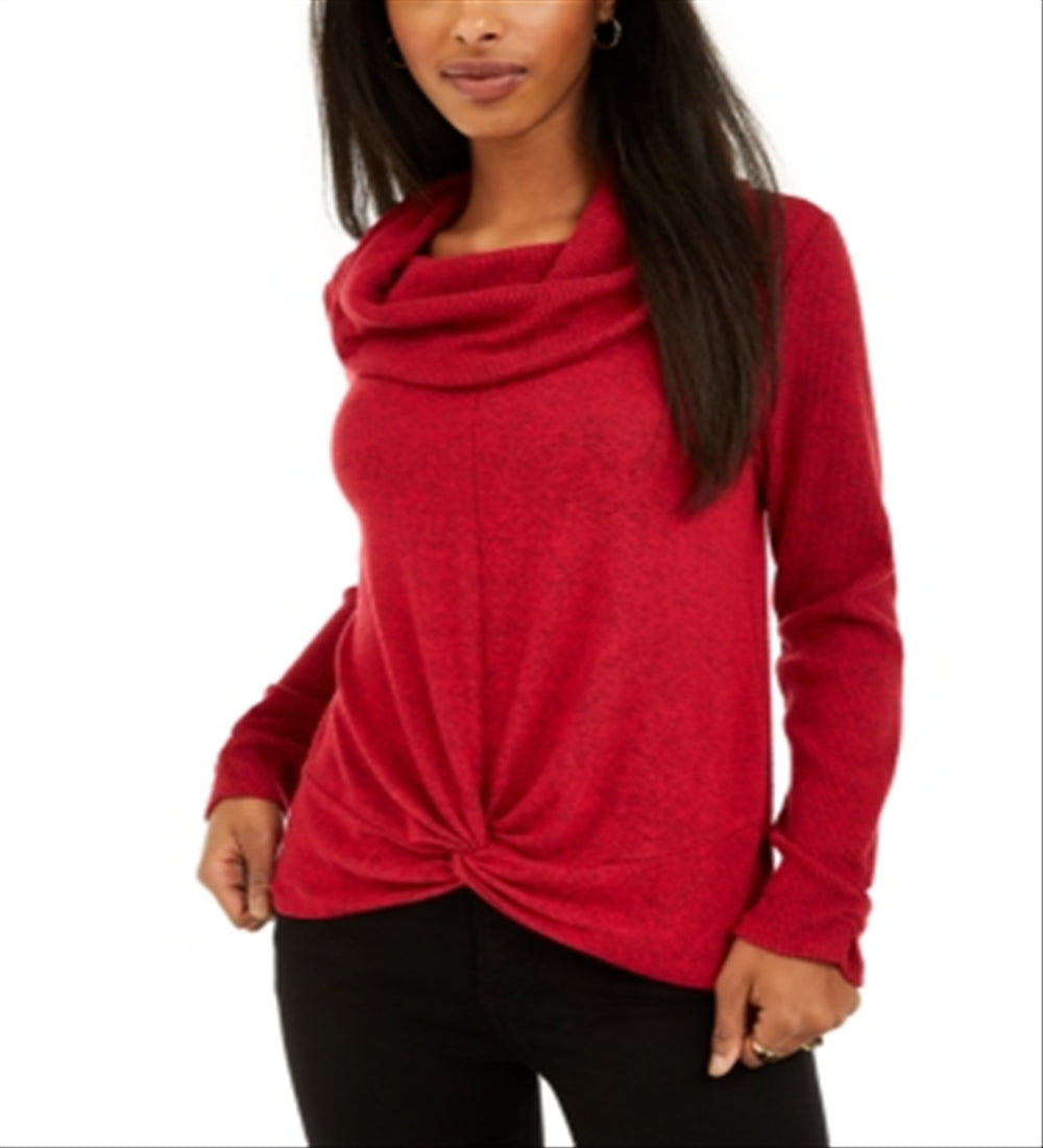 BCX Junior's Textured Cowlneck Twist Front Sweater Red Size Large