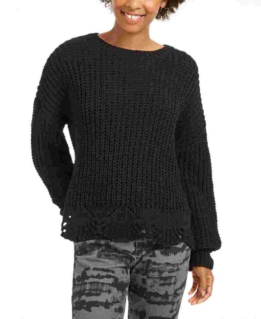 WYNTER Women's Pointelle Hem Chenille Sweater Black Size Extra Large