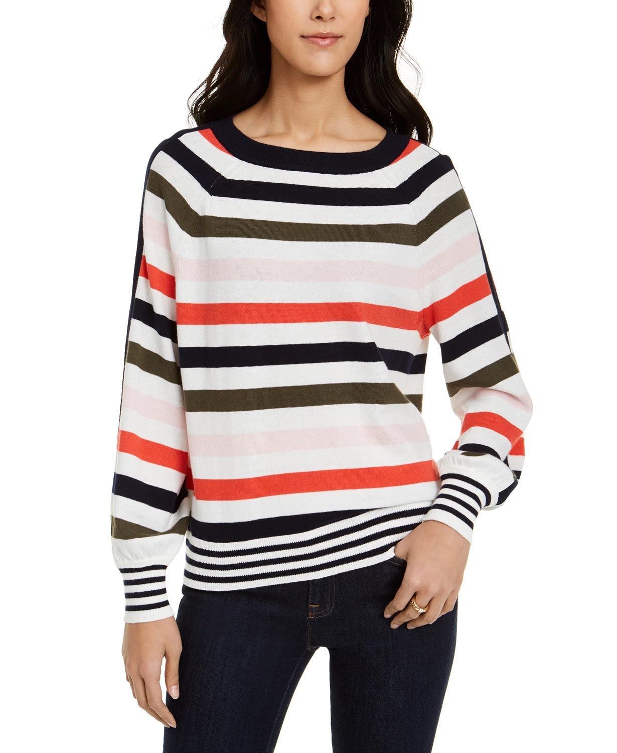 Tommy Hilfiger Women's Color Block Long Sleeve Crew Neck T-Shirt Sweater White Size Small