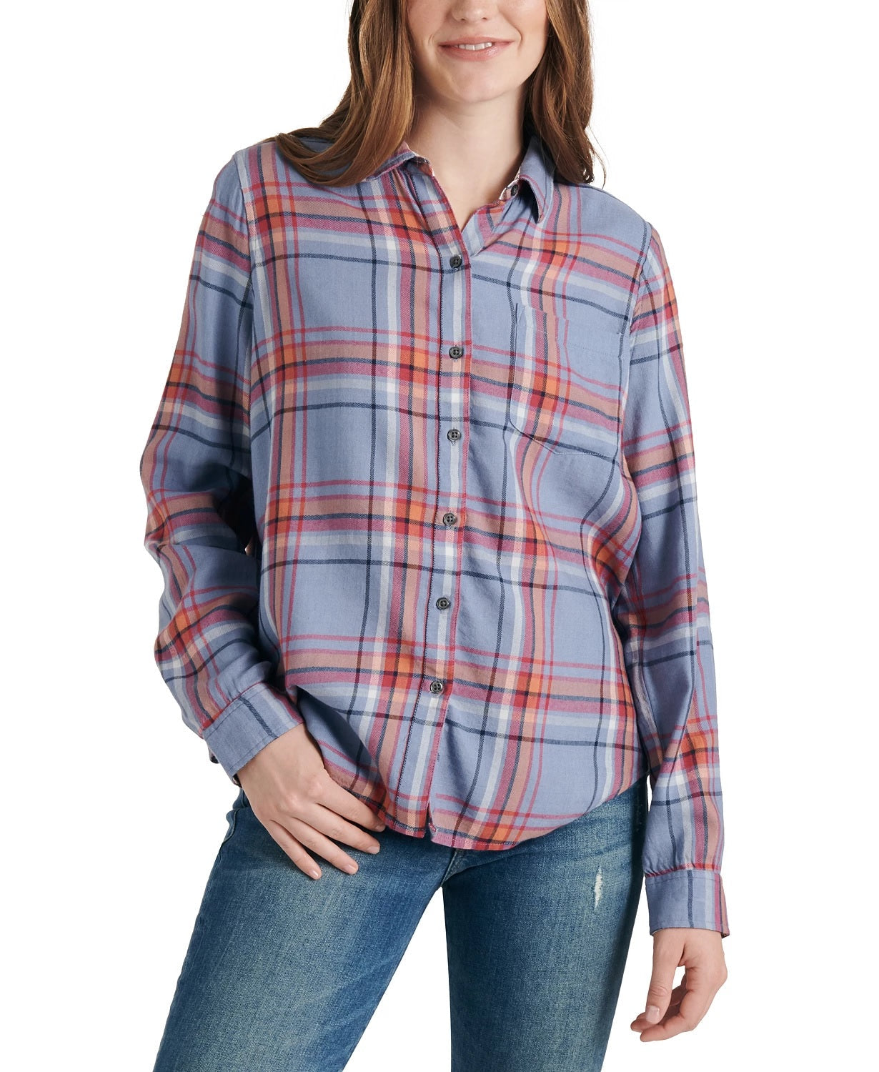 Lucky Brand Women's Classic Plaid Contrast Button Up Shirt Blue Size Medium